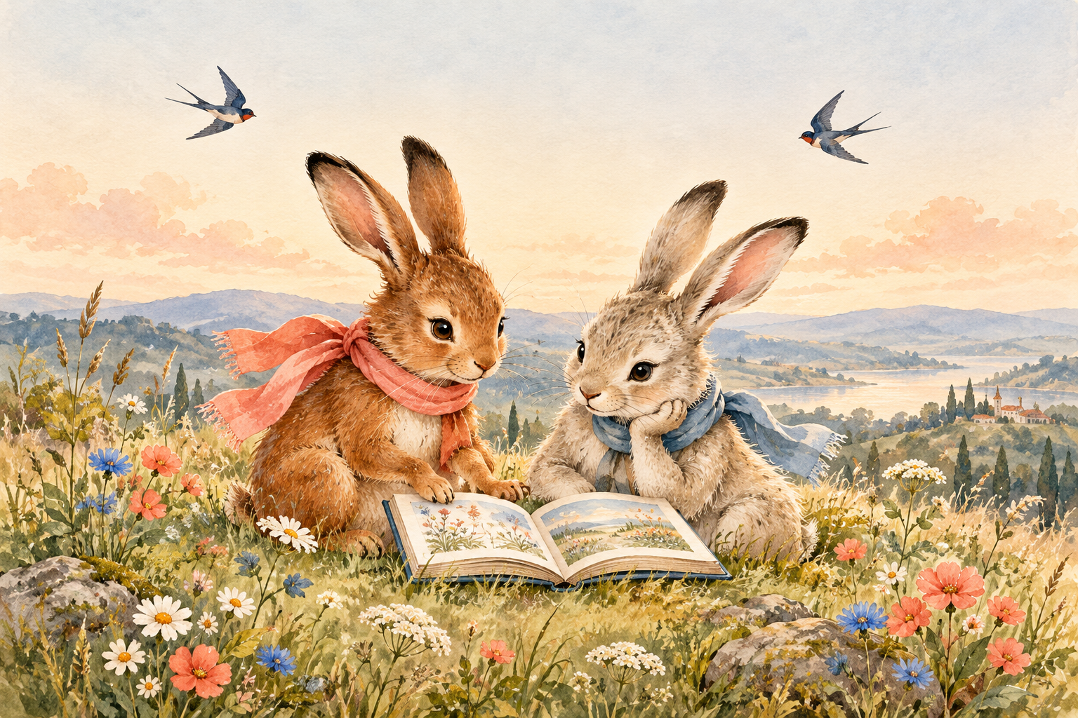 Illustrated woodland hare siblings reading together in a wildflower meadow